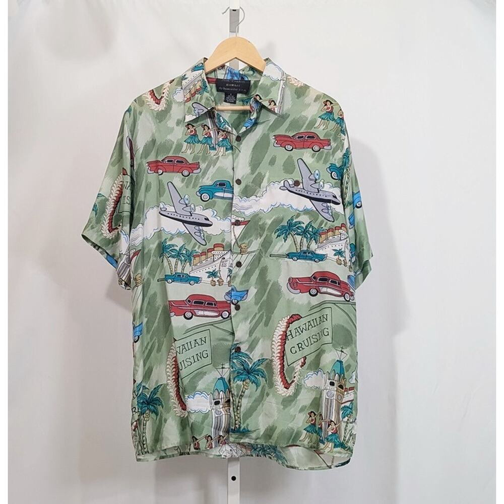 Vintage Green Print Hawaiian Shirt Cars Planes Hula Dancers Silk Men's Size S